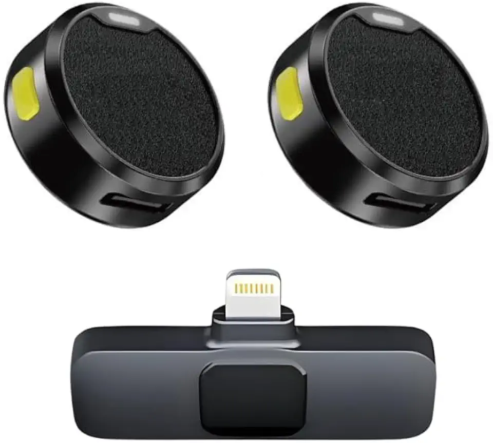 Kit com 2 Microfones de Lapela Sem Fio com Redução de Ruído – Compatível com iPhone 7 ao 14 (Conector Lightning) – Ideal para Gravação, Entrevistas, Podcast, YouTube e TikTok – Compacto e Portátil