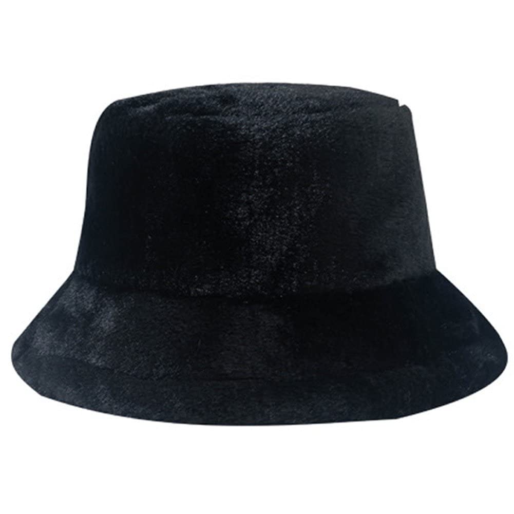 Fituenly Women's Black Fluffy Bucket Hat Fisherman Hat Winter Furry Warm Hat For Teens Girls
