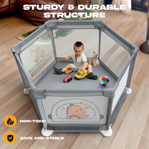 Image of Baybee Neo Kids Playpen for Babies | Baby Activity Playards with Zipper Lock & Corner Protection | Baby Play Area Indoor Setup with Hexagon shape for Extra Space | Outdoor Play Pen for Baby up to 5 Years (Grey)