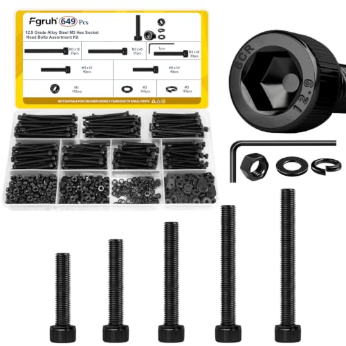 Image of 649PCS M3 Hex Socket Head Screws Assortment Kit, M3x30 /35 /40 /45 /50 mm | M3-0.5 Screws, Nuts and Washers Assorted Kit, 12.9 Alloy Steel Black Zinc Plated Anti-Rust 3mm Bolts Set for 3D Printer,DIY