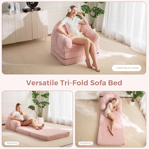Image of MAXYOYO Folding Sofa Bed, 2 in 1 Convertible Sofa to Lounger Comfy Single Bean Bag Chair for Adults, Floor Couch with Handle, Faux Fur Couch Bed for Living Room Bedroom, Pink