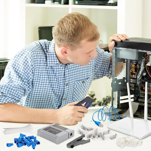 Image of COOLCOLD RJ45 Crimping Tool Kit - Pass Through Ethernet Crimper for Cat7 /Cat6A /Cat6 /Cat5E /Cat5 - Includes 10 Cat7 Connectors, 10 Cat6 Connectors, 10 Covers & Network Cable Tester with Battery