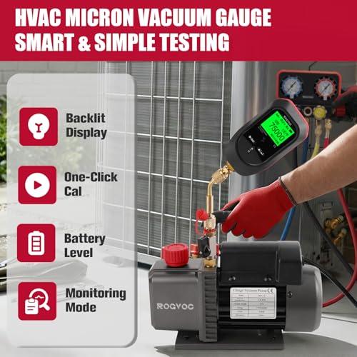 ROGVOC Digital Vacuum Gauge, Micron Vacuum Gauge Tester with 11 Units, 7/16 inch-20 UNF, HVAC 0-75000 Microns Rang, Including 1/4" SAE Fitting and T-Connector, Battery Not Included by Rogvoc - Image 2