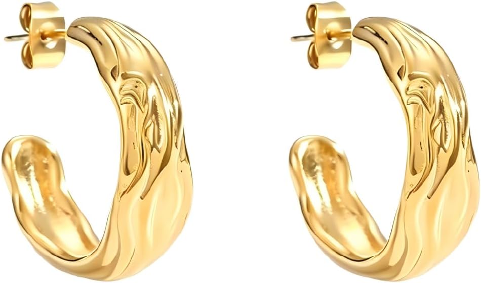 2026 New Gold C Shaped Hoop Earrings Stainless Steel Sculpted | 0.98 x 0.30 in twisted C hoops in gold-tone stainless steel, with a sculptural curved profile and post backs