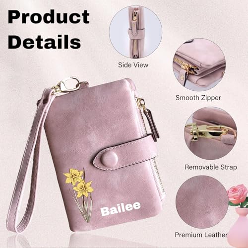 Personalized Wallets for Women - Custom Birth Flower and Name, Leather Ladies Wallet, Card Holder Coin Purse, Personalized Birthday Christmas Gifts for Mom Grandma (Colorful birthday flower)4
