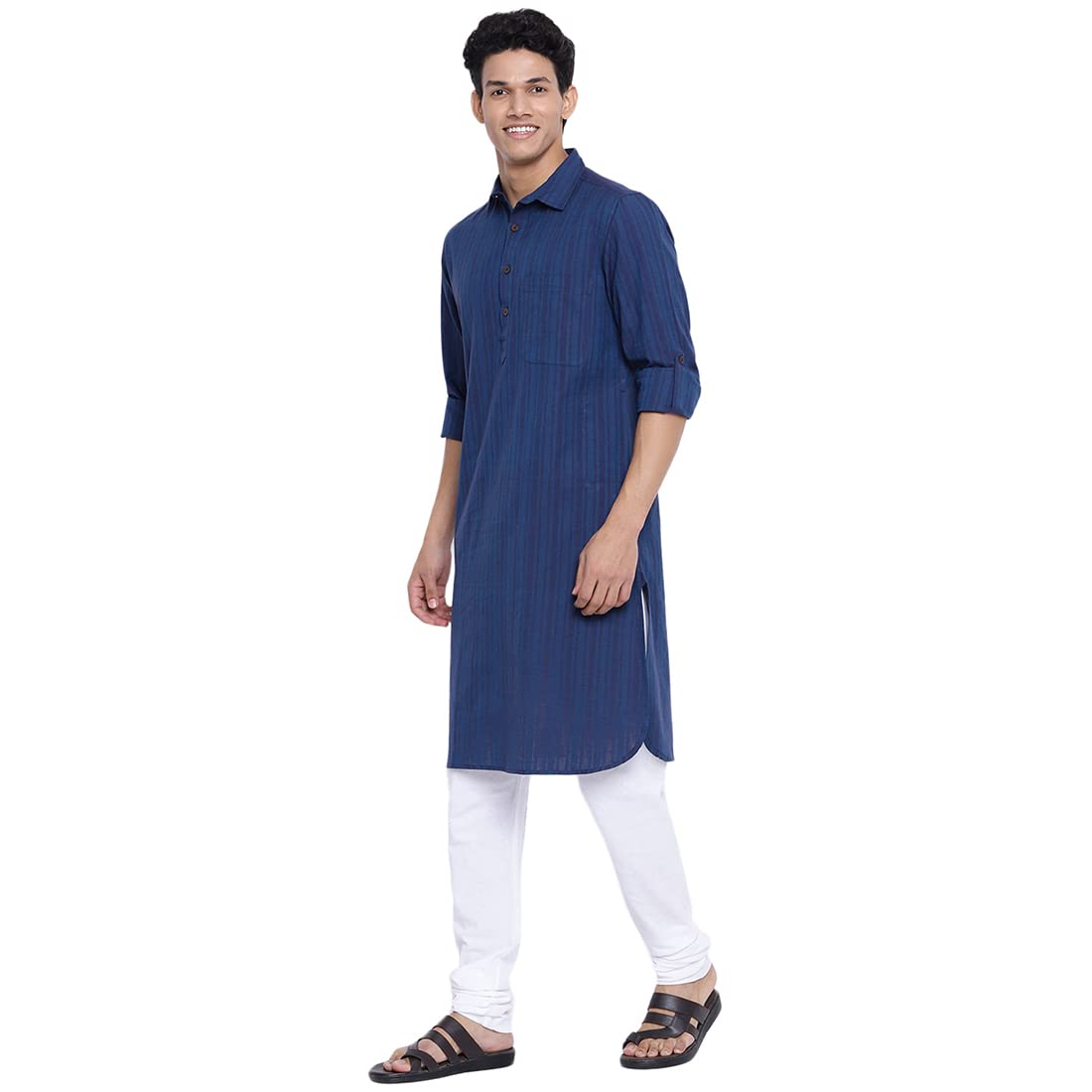 Fabindia Men Cotton Striped Pathani Kurta Navy_Xs