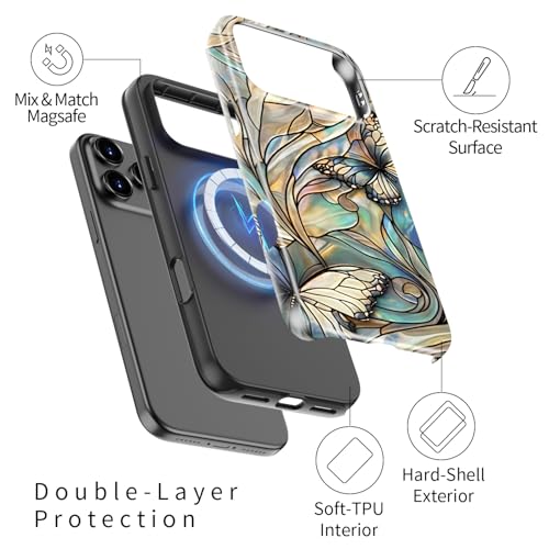 Image of Goodon for iPhone 17 Pro Case Cute - Wireless Charging Compatible - Dual-Layer Hard Shell + Silicone Cover - Protective Phone Case with Trendy Designs for Women - Butterflies Blue Gold