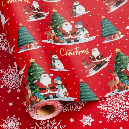 MAYPLUSS Red Christmas Wrapping Paper Roll, Santa Gift Wrap w/Tree Deer