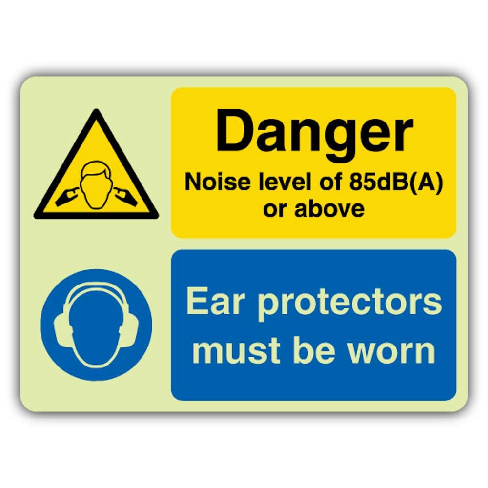 V Safety - Señal de seguridad que brilla en la oscuridad, nivel de ruido de peligro de 85DB(A) o sobre las orejas, 600 x 450 mm, hecha de plástico rígido de triple brillo, señalización de advertencia