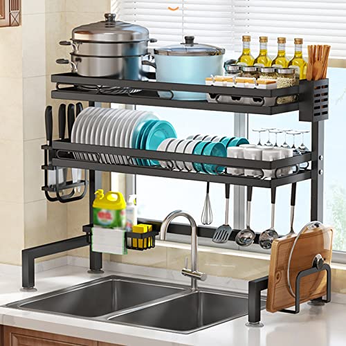 2 Tier Metal Dish Drying Rack Over Sink – Large Kitchen Organizer, Space-Saving Drainer with Sili Holders, Cutting Board Rack & Cleaning Basket – Black