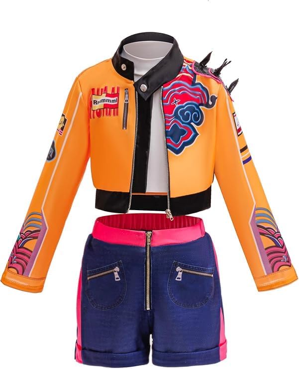 Girls Halloween Costume, Black and Yellow Polyester Top and Pants Set for Cosplay Events and Parties (Orange, 7-8Years)