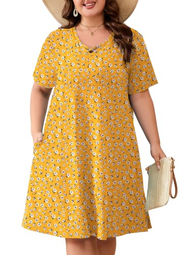 Image of AusLook Plus Size Midi Dress for Women Short Sleeve V Neck Criss Cross A Line Summer Casual Vacation Sundresses with Pockets