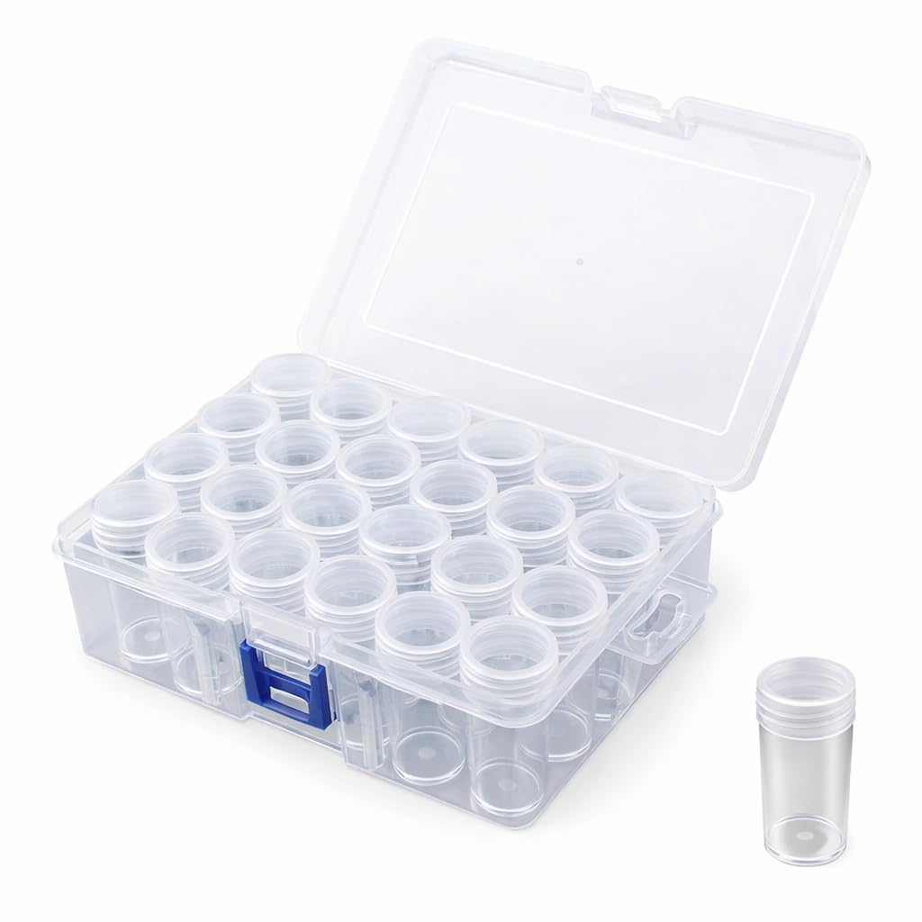 AKHANDANAND Multipurpose Storage Box Bead Organizer Box 24 pcs Storage Container with Round Bottles Diamond Painting Accessories Organizer Clear Plastic Storage Case-image-35