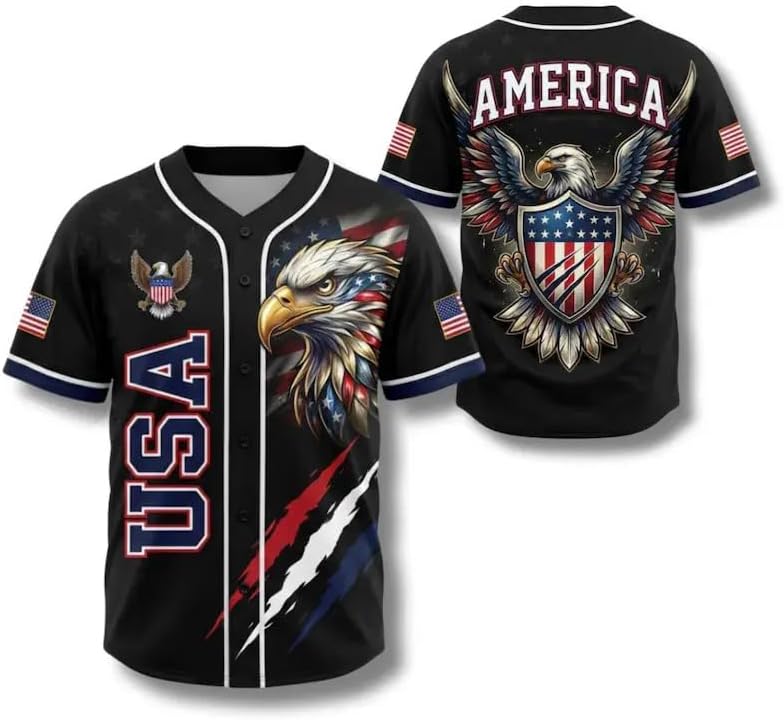 USA Eagle All Over Print Baseball Jersey, Patriotic Button Up Shirt, America 250 Years Jersey, 1776–2026 Patriotic Jersey