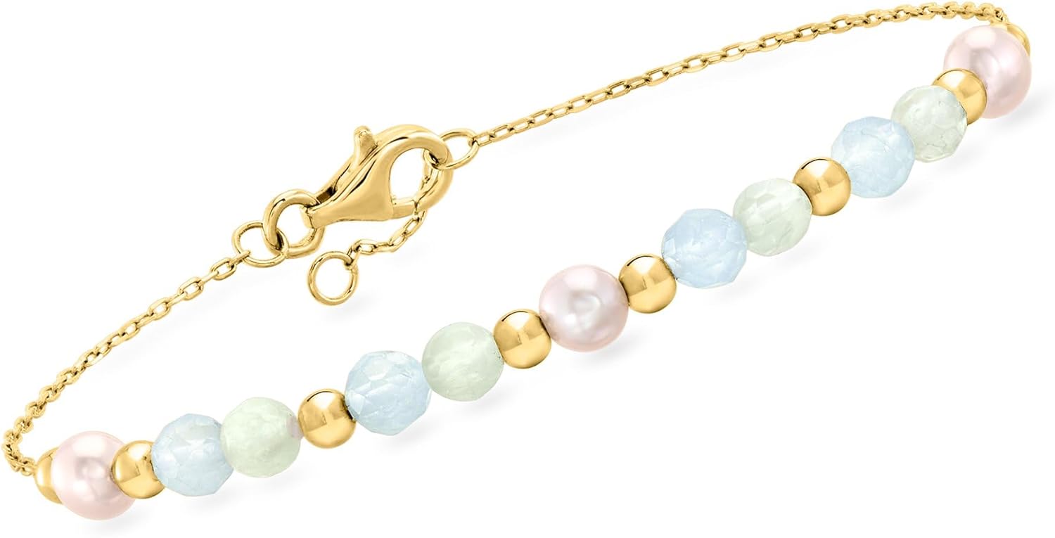 Pure Collection by Ross-Simons 1.80 ct. t.w. Aquamarine and 4-4.5mm Prehnite Bead Bracelet With 4.5-5mm Cultured Pearls in 18kt Gold Over Sterling