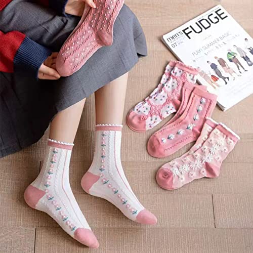 Image of DXYAKY 5 Pairs Womens Floral Cotton Socks Vintage Patterned Crew Socks Novelty Ankle Ruffled Warm Casual Dress Socks