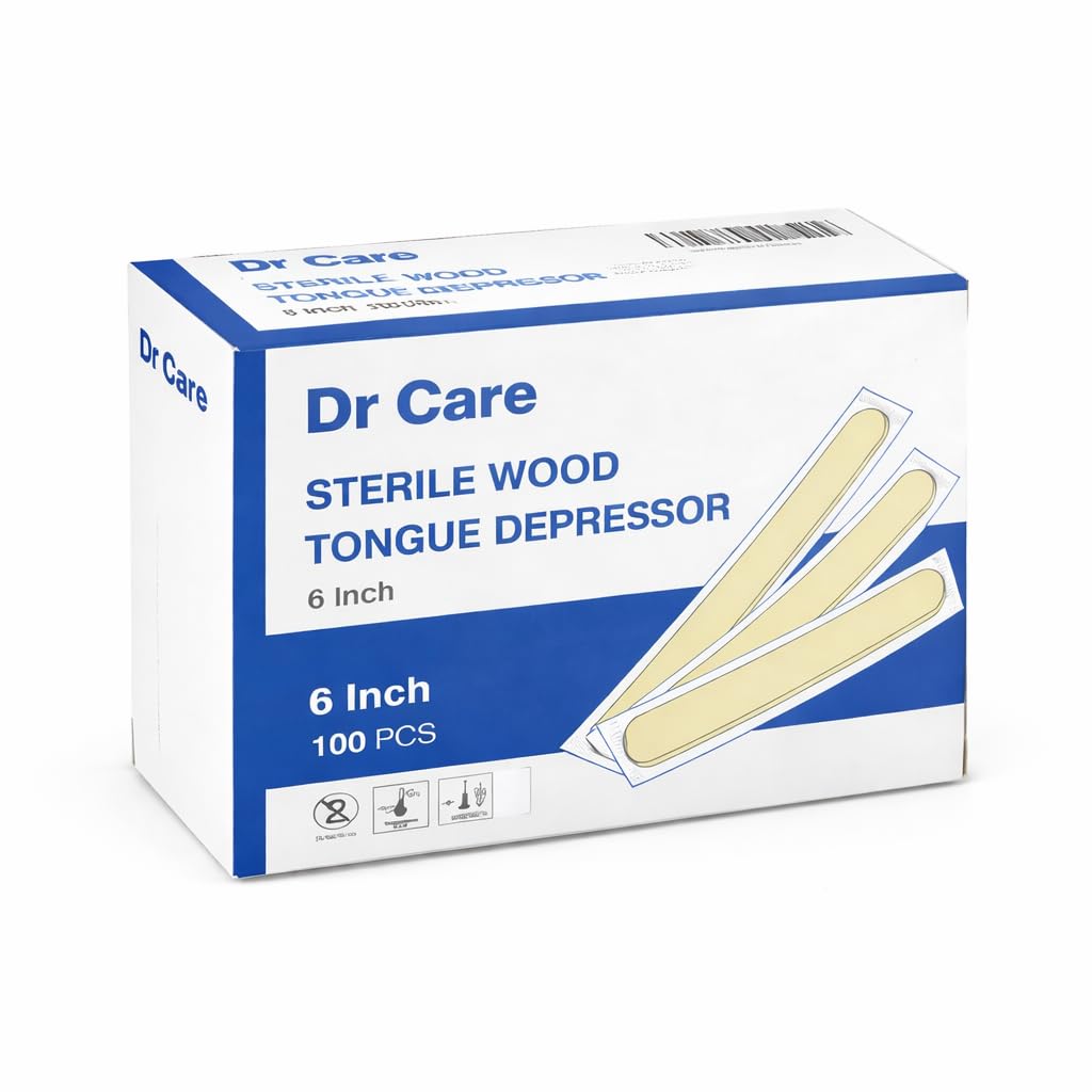 Dr Care Sterile Wood Tongue Depressors, 6 Inch, Disposable Wooden Spatulas for Dental Clinics, Waxing, Hair Removal (100)