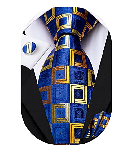 Image of Hi-Tie Mens Plaid Ties Classic Paisley Necktie with Handkerchief Cufflinks Set Business Stripe Tie