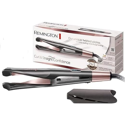 Remington Plancha de Pelo Curl & Straight Confidence, Placas en Espiral, 2 en 1 Alisa y Riza, Óptimo para Ondas, Resultados Profesionales, Cerámica, 5 Temperaturas hasta 230°C, Digital, Gris, S6606B