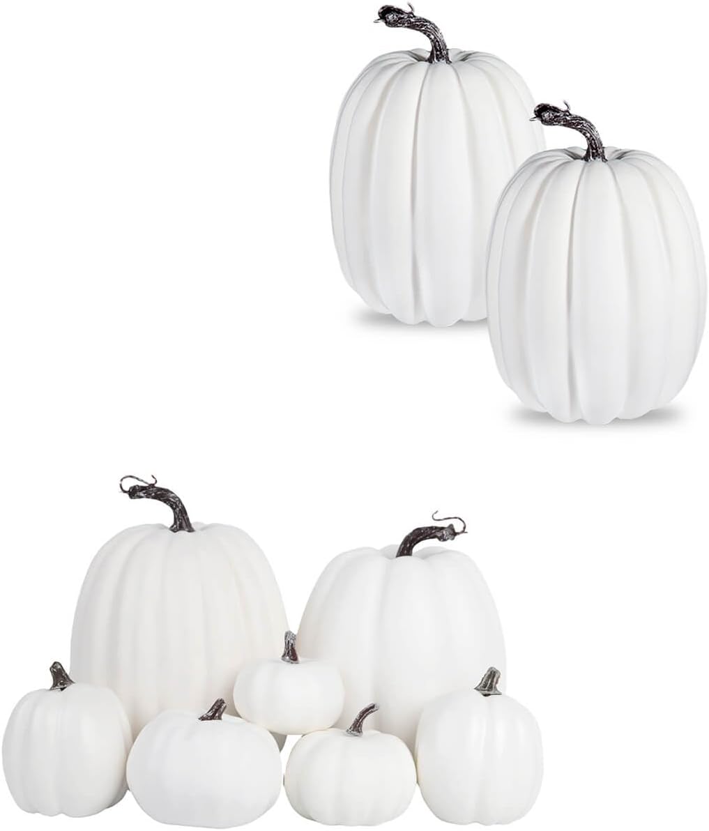 vensovo 2 Pcs 8 Inch Large White Pumpkins for Decorating, 7Pcs Assorted Small and Large Foam Pumpkins for Fall Décor, Artificial White Pumpkin for Halloween, Thanksgiving, Wedding Party