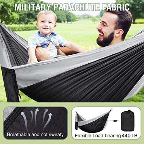ERUW CozyHoliv Camping Hammock, Single Portable Parachute Hammocks for Outdoor Hiking Travel Backpacking - 210D Nylon Hammock Swing for Backyard & Garden 55''W108''L (Black/Grey - Single) - Image 5