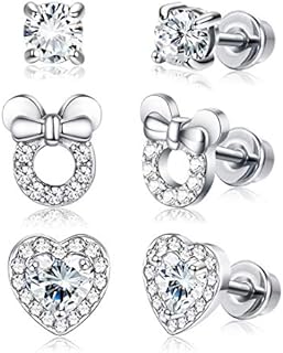 ADRAMATA 3 Pairs Girl Screwback Earrings for Women Heart CZ Stud Children Toddler Earrings Stainless Steel Set for Kids