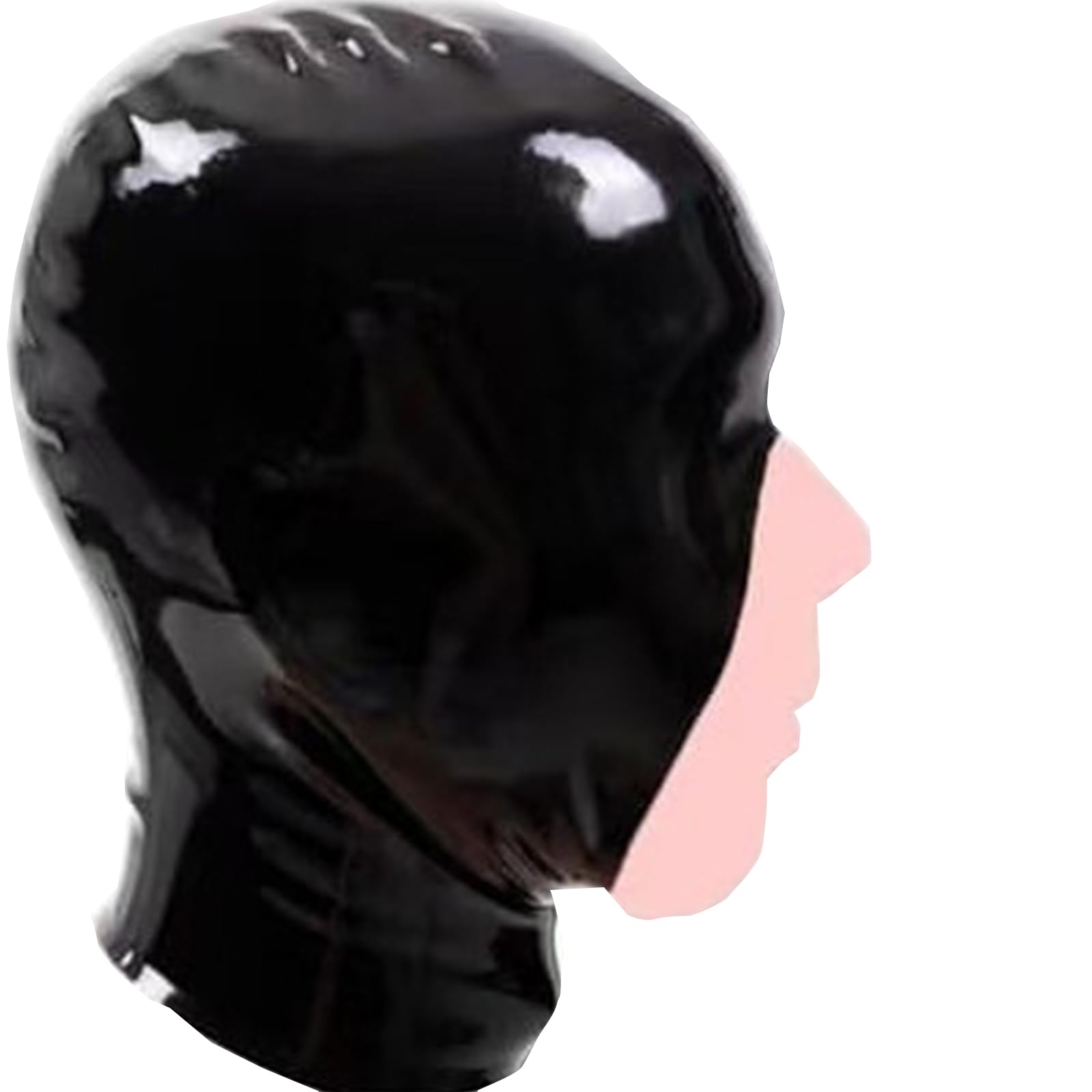 DSPENGS Black Latex Hood Mask BDSM Full Cover Latex Hood for Adult Couple Game Exposed Mouth Elastic Breathable(Size:M-65CM)