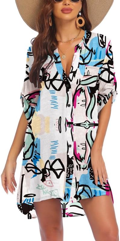 AI'MAGE Women's Swimsuit Beach Cover Ups Shirt V-Neck Button Down Bathing Suit Coverup Bikini Swimwear, Colorful-Light Blue, Small