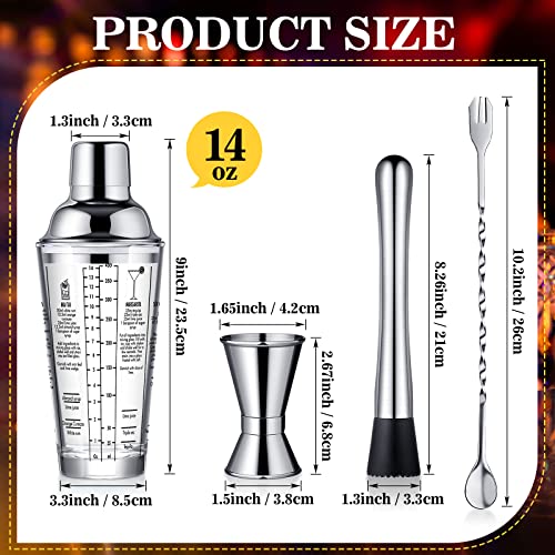 Rtteri 4 Pcs Cocktail Shaker Set 14 oz Martini Glass Shaker Cup Stainless Steel Drink Shaker Tool Margarita Bartender Kit Cocktail Mixers with Measuring Jigger Mixing Spoon Muddler for Bar Accessories - Thumbnail 2