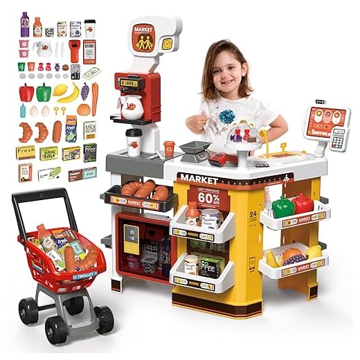 deAO Supermercado Juguete con Carrito Compra, Caja Registradora con Scanner y Lector de Tarjeta, Tienda Infantil Incluido 65PCS Accesorios Fruta, Jugar Dineroetc etc. para Niños a Partir de 3 años