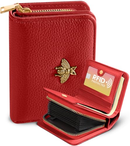 Image of Bistup Leather 12 Slot Accordion Card Holder Wallet, Red Bee | Accordion Storage, Zipper Around Closure, Compact Patterned Wallet for IDs, Cards, Cash, Daily Carry and Gifts