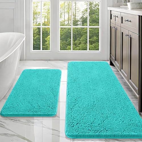 Image of OLANLY Bathroom Rugs Sets 2 Piece, Soft Absorbent Chenille Bath Mats Area Rug Set, Non-Slip, Quick Dry, Machine Washable Bath Mats for Bathroom, Home Decor Accessories (47 inchx20 inch+30 inchx20 inch, Teal)