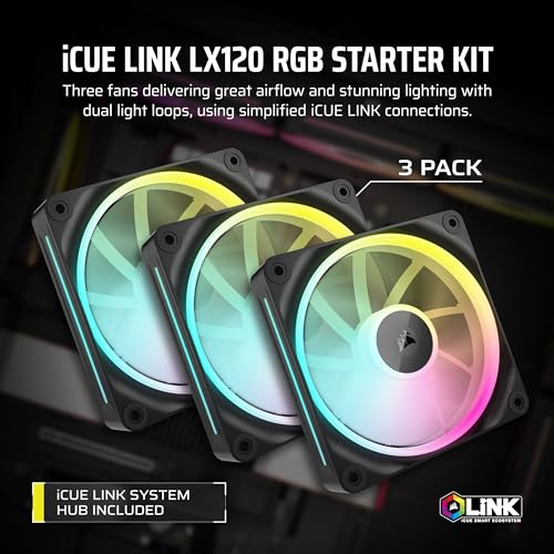 CORSAIR iCUE LINK LX120 RGB 120 mm PWM Ventole Confezione Tripla – Doppio Anello Luminoso – Include iCUE LINK System Hub – Tecnologia CORSAIR AirGuide – Nero