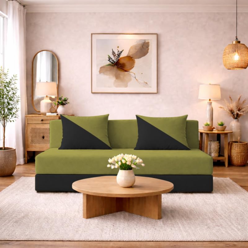 Image of Adorn India Easy Desmond 3 Seater Sofa Cum Bed 5 x 6 Velvet (Light Green & Black) (1 Year Warranty)