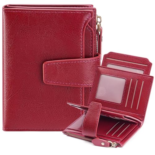Image of GOIACII Leather Women's Wallet RFID Blocking Credit Card Holder Red | Compact, Small, Trifold Billfold with Zipper Coin Pocket, 4 ID Windows