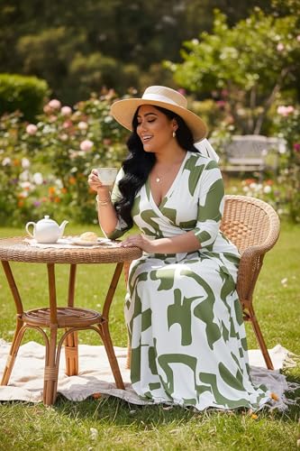 Image of Runwind Plus Size Dresses for Women Floral Maxi Dress Flowy 3 /4 Sleeve with Belt