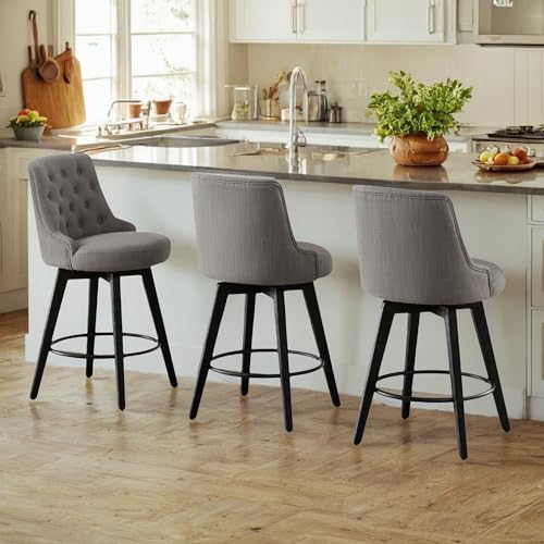 Image of Watson & Whitely Counter Height Bar Stools Swivel Barstools, Fabric Grey | Set of 3, Upholstered Modern Barstool with Back, Solid Wood Legs, 26 inch H Seat