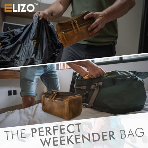 ELIZO Premium REAL Leather Toiletry Bag for Men Dopp Kitt Hanging Mens Toiletry Large TSA Toiletries Bag Shaving Grooming Bag Organizer