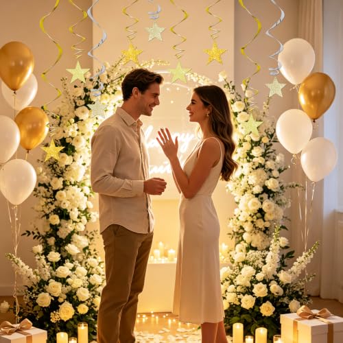 Image of BEISHIDA Gold Glitter Stars Hanging Swirls Pre-Strung Hanging Ornament Decorations for Wedding Anniversary Retirement Graduation New Year Birthday Party Decorations,Pack of 15