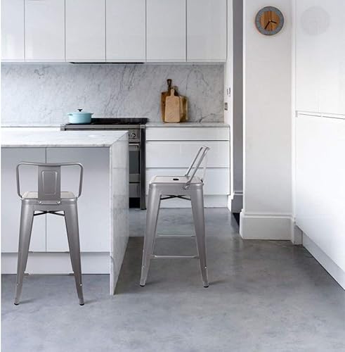 Vista 67 de GIA Taburete de metal con respaldo bajo de altura de mostrador de 24 pulgadas con asiento de cuero vegano, color plateado