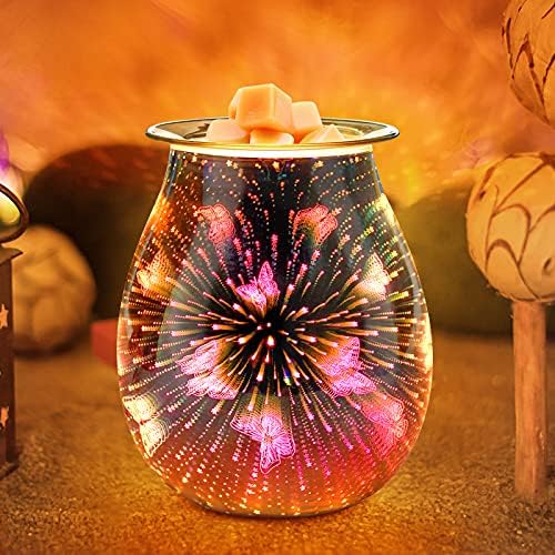 JUMKEET Glass Oil Burner Electric Wax Melt Burner, Candle Warmer Melter Essential Oil Fragrance Burner, Night Light Aroma Decorative Lamp for Home Office Bedroom Living Room Gift - 3D Butterfly Design