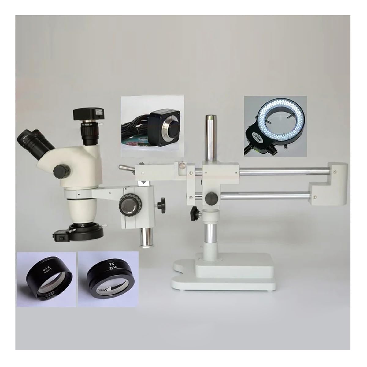 Microscopio de zoom estéreo con cámara USB de 5 MP y soporte de doble brazo para inspección e investigación