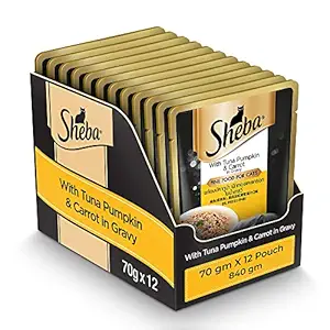 Sheba Premium Fine Wet Food for Adult Cats (1+ Years), Tuna Pumpkin & Carrot In Gravy, 12 Pouches (12 x 70g)
