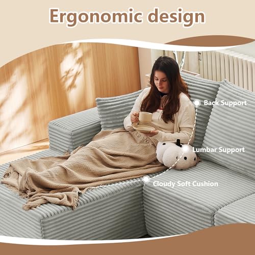 Image of 135.4 inch Modular Sectional Sofa, Modern Corduroy Cloud Couch with Deep Seat, Boneless Couch Upholstered 4-Seater L-Shaped Sofa for Living Room, No Assembly Required (Grey, Right-Facing Chaise)