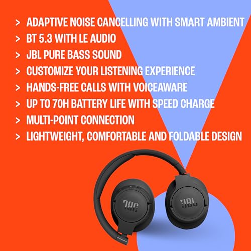 Image of JBL Tune 770NC Wireless Over Ear Headphones with Adaptive Noise Cancellation, Upto 70H Battery, Smart Ambient, Speed Charge, Customized EQ, Google Fast Pair, Multipoint Connect, BT 5.3 - White | Noise Cancellation, SmartAmbient, VoiceAware, JBL Pure Bass Sound, Multipoint Connection, 70 Hours Battery Life