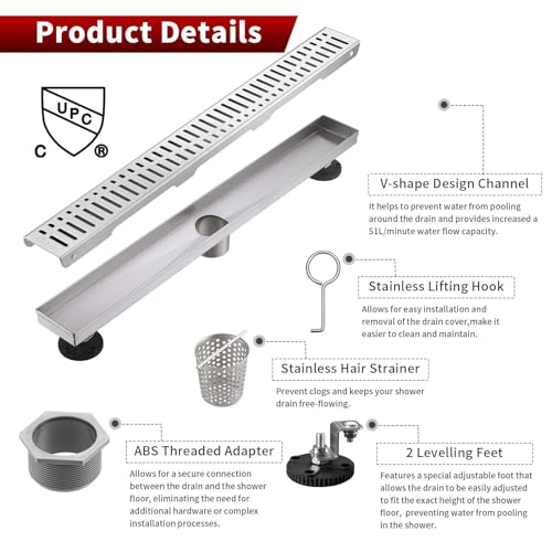 Image of Sharp-tec 36 inch Linear Shower Drain, Brushed Rectangular Floor Drain, V-Shape Design Drain Channel, 304 Stainless Steel, cUPC Certificated for Bathroom Shower Room (Drain Base is Not Included)