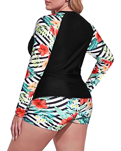 Daci Women 2 Piece Plus Size Long Sleeve Rash Guard Zip Front Athletic Bottom Tankini Swimsuits UPF 502