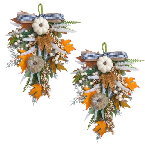 Image of 2PCS Fall Teardrop Swags 20inch Thanksgiving Wreath, Eucalyptus Berries Pumpkins Lamb Ears Leaves Autumn Wreaths for Front Door, Fall Decor, Porch Wall, Home Outdoor Holiday Decorations (C)