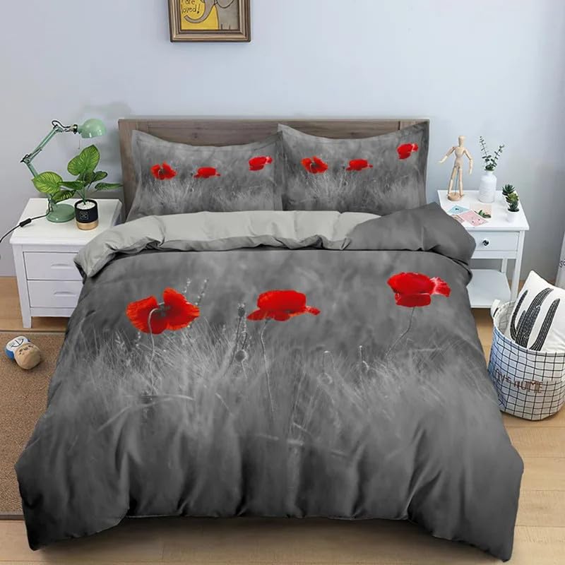 Parure de lit 240x260 en microfibre premium 110g/㎡ grise style coquelicot
