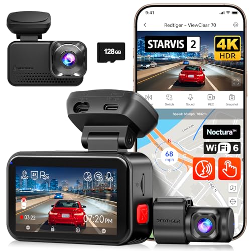 REDTIGER ViewClear 70 4K+2.5K Dash Cam Front and Rear, 8MP STARVIS 2 IMX678 x Noctura™ Sensor, Dual HDR Hyper Night Clarity, 5.8GHz WiFi 6, 30MB/S Fast Download, Dash Camera with 24H Parking Monitor
